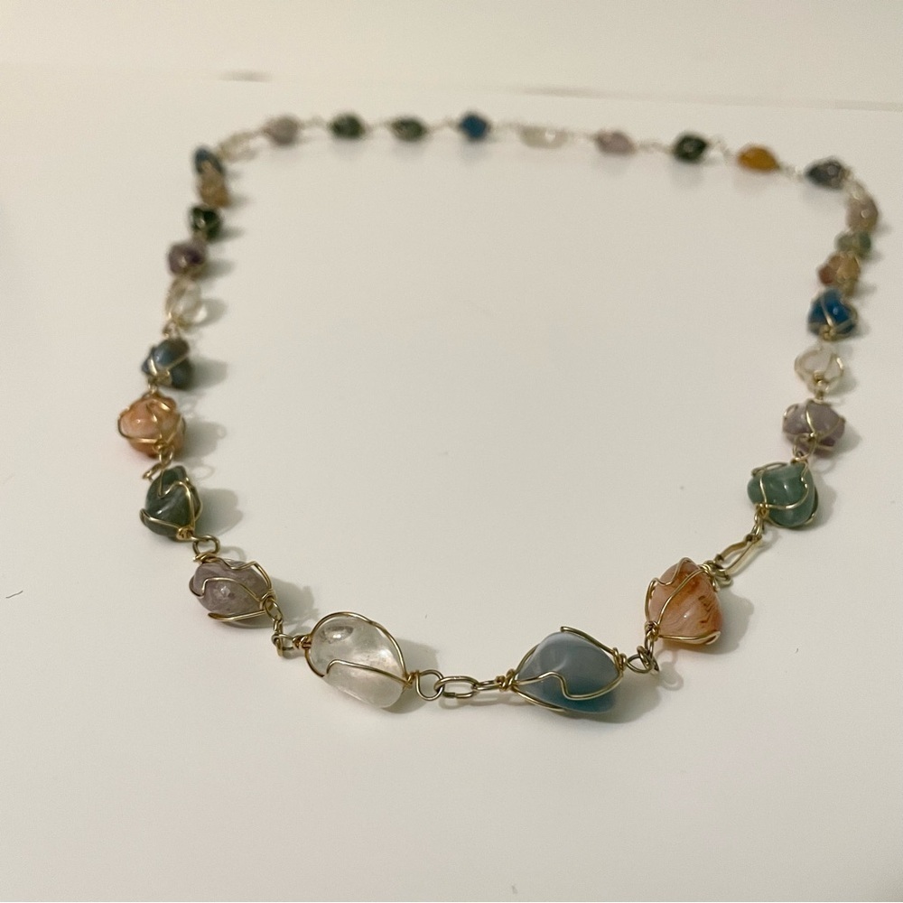 Boho Multi Gemstone Wire Wrapped Necklace Tumbled Stone Crystal Jewelry - Picture 12 of 15